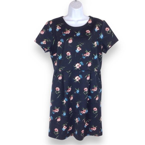LOFT Navy Blue Floral Short A-Line Midi Dress size 12P - Picture 1 of 6